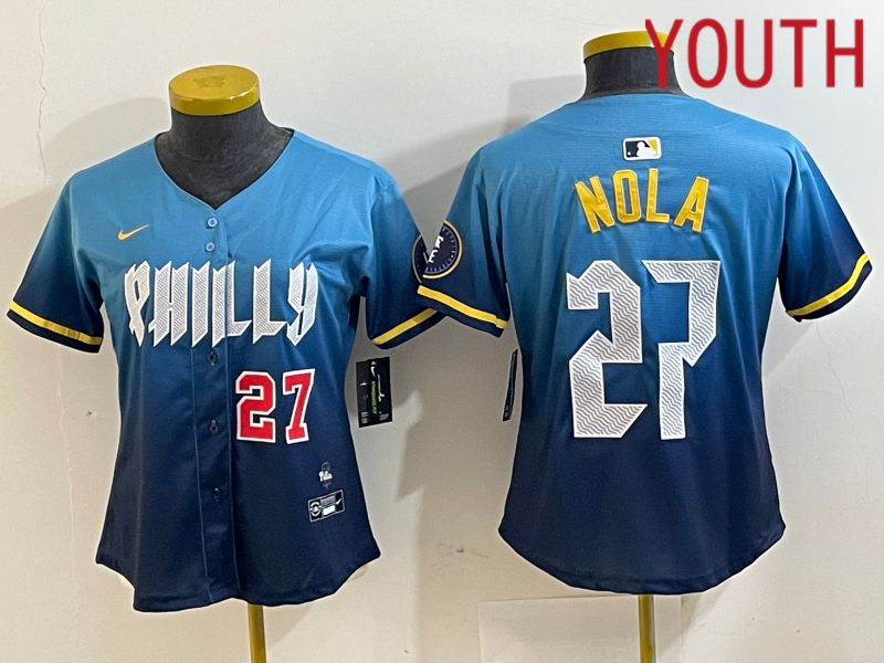 Youth Philadelphia Phillies #27 Nola Blue City Edition Nike 2024 MLB Jersey style 4